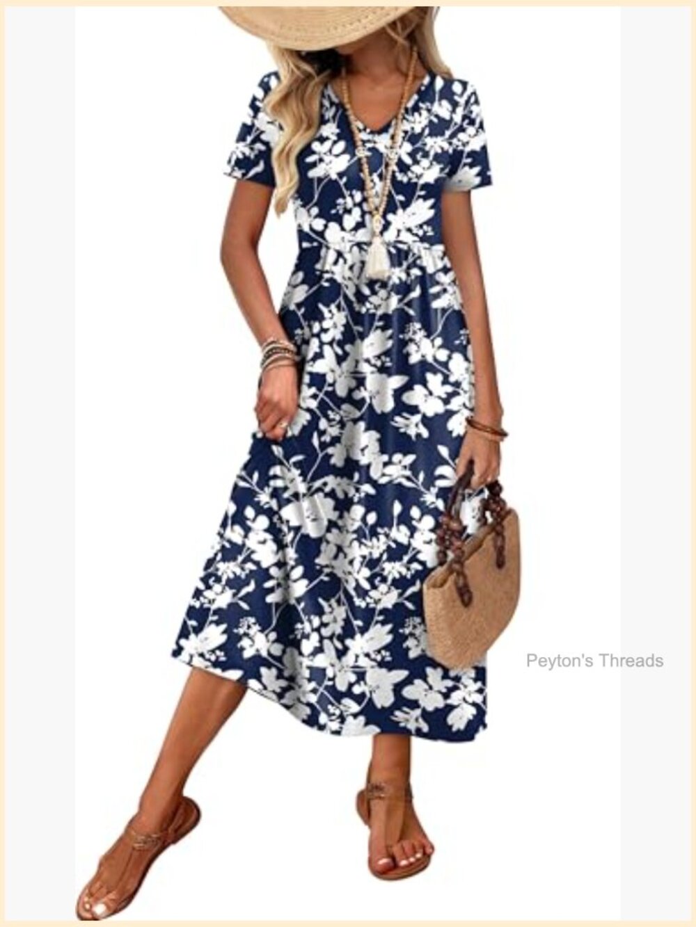 Flowy A-Line Midi Dress with Pockets Summer Casual Beach Vacation S-2XL - Picture 4 of 7